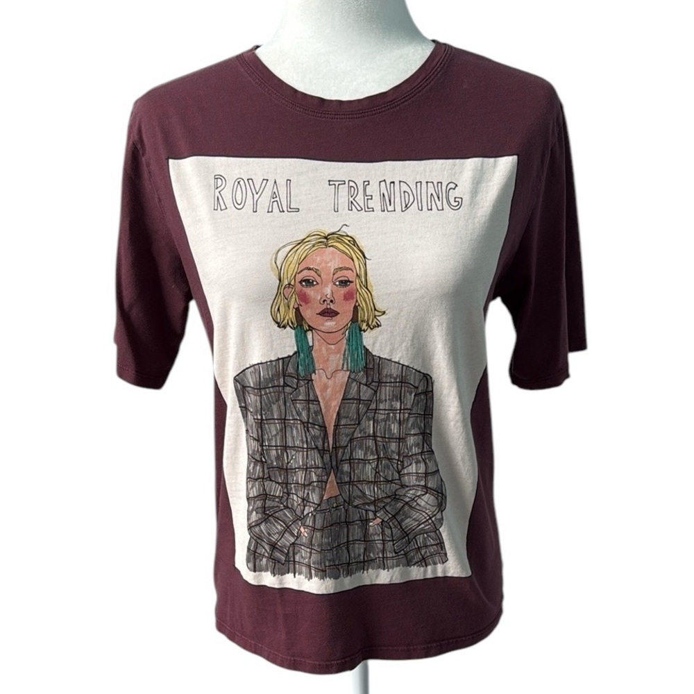 ZARA Royal Trending Graphic Illustration Maroon T-shirt Size Small